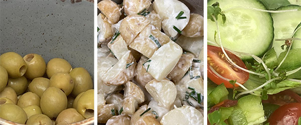 cafe in Kenilworth, olives, potato salad, green salad